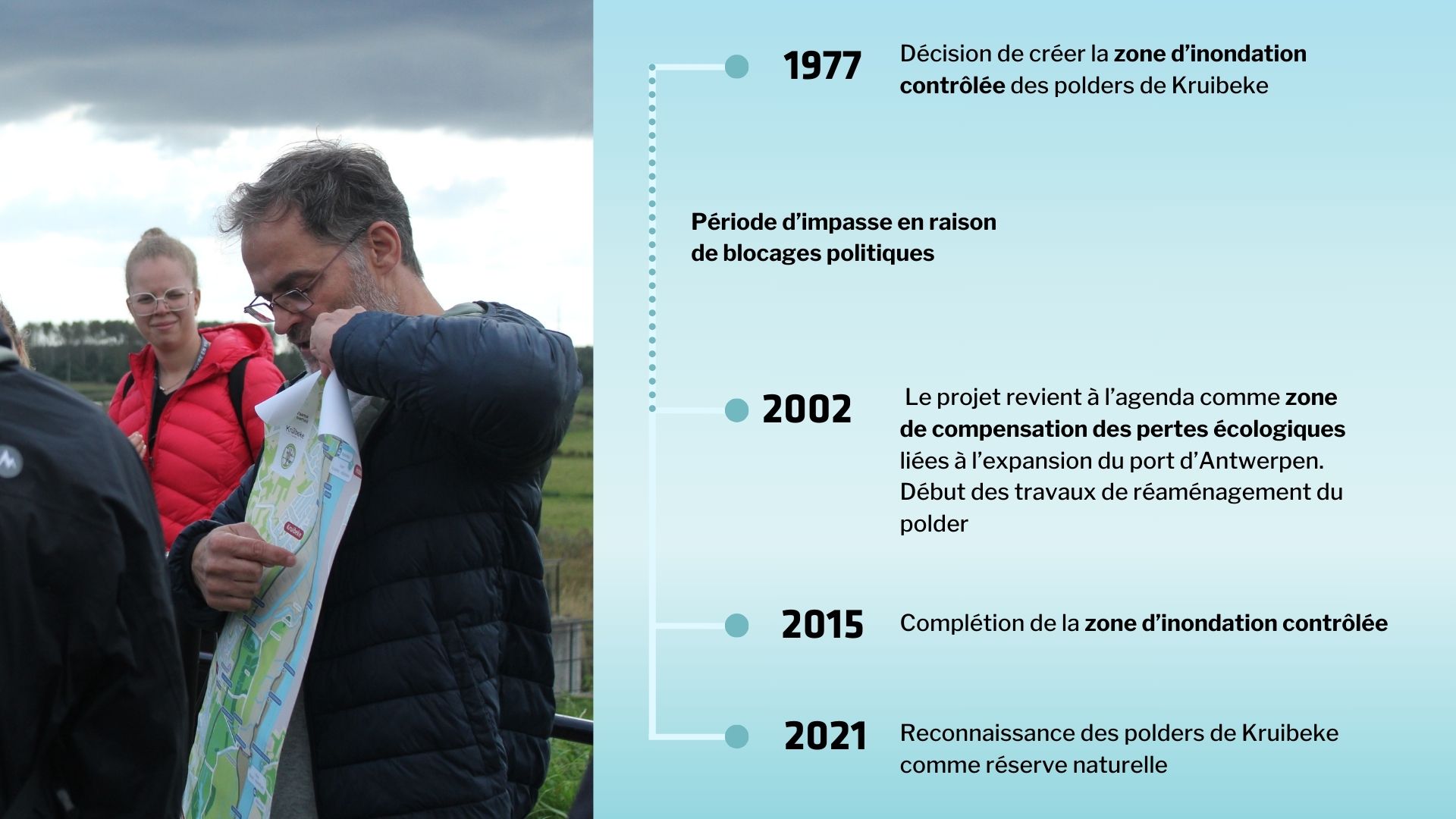 1977: Décision de créer la zone d’inondation contrôlée des polders de Kruibeke. 1977-2002: Période d’impasse en raison de blocages politiques. 2002: Le projet revient à l’agenda comme zone de compensation des pertes écologiques liées à l’expansion du port d’Antwerpen. Début des travaux de réaménagement du polder. 2015: Complétion de la zone d’inondation contrôlée. 2021: Reconnaissance des polders de Kruibeke comme réserve naturelle 